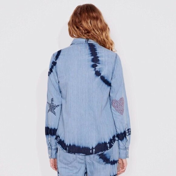 Sundry | Denim Tie Dye Long Sleeve Shirt | Star Heart Embroidery on Elbows | M - Picture 1 of 12